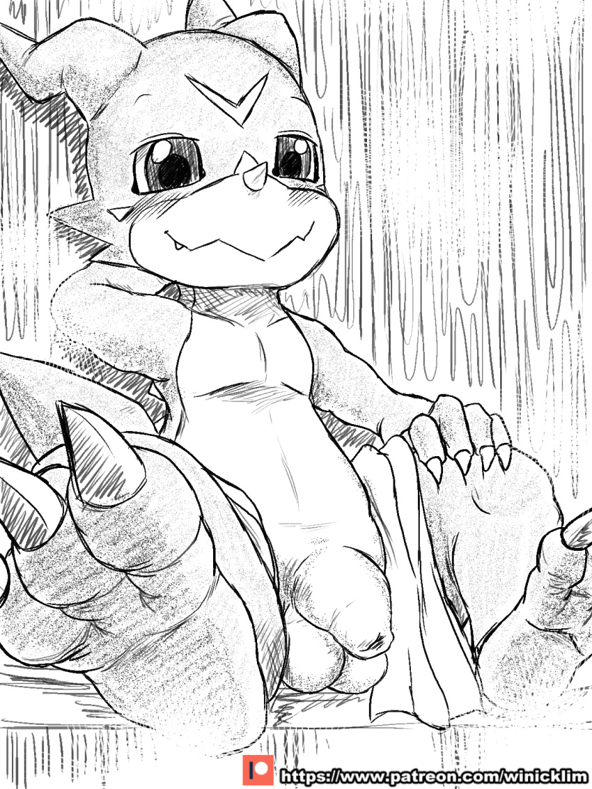 balls claws digimon digimon_(species) dragon flaccid foreskin horn humanoid humanoid_penis looking_at_viewer male monochrome nude paws penis sauna scalie simple_background sitting sketch smile solo steam towel uncut veemon winick-lim