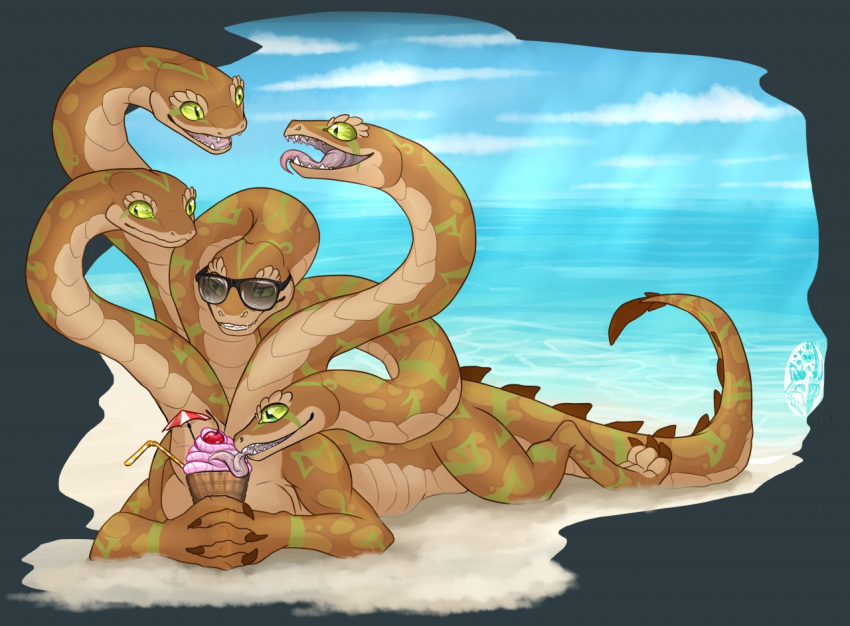 5_heads annet_kapelly beach conjoined dessert eyewear food green_eyes hot_weather hydra ice_cream lying multi_head relaxing reptile scalie sea seaside snake sunglasses sunny water