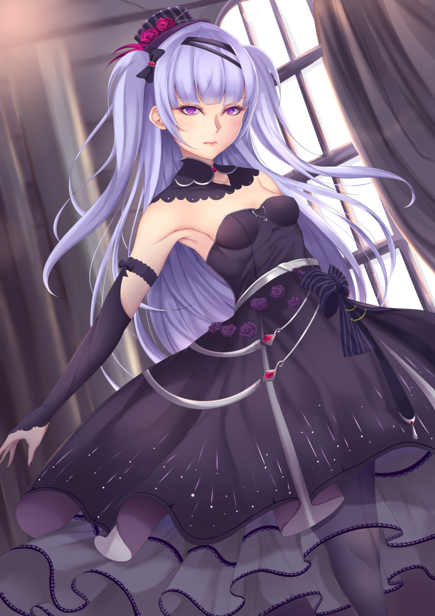 ajax_(azur_lane) alternate_costume armpits azur_lane bangs bare_shoulders black_bow black_dress black_footwear black_hat blush bow breasts bridal_gauntlets commentary_request cowboy_shot curtains day dress floating_hair flower hair_bow hat hat_flower head_tilt highres indoors long_hair long_sleeves looking_at_viewer mini_hat mini_top_hat pantyhose parted_lips purple_eyes purple_flower purple_hair purple_legwear purple_rose rose ruby_(stone) shiro_usagi silver_trim small_breasts smile strapless strapless_dress striped tilted_headwear top_hat tsurime two_side_up vertical-striped_hat vertical_stripes very_long_hair window