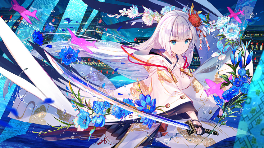 aircraft airplane architecture azur_lane bangs black_gloves blue_eyes blue_flower cityscape closed_mouth commentary_request east_asian_architecture evening eyebrows_visible_through_hair flight_deck floating_hair flower fuji_choko gloves gold_trim hair_flower hair_ornament holding holding_sword holding_weapon hood hood_down hooded_kimono japanese_clothes kanzashi katana kimono long_hair looking_at_viewer mole mole_under_eye official_art outdoors partly_fingerless_gloves petals pleated_skirt rigging shoukaku_(azur_lane) sidelocks skirt solo splashing sword tassel thighhighs tsurime unsheathed very_long_hair water weapon white_hair white_legwear wind