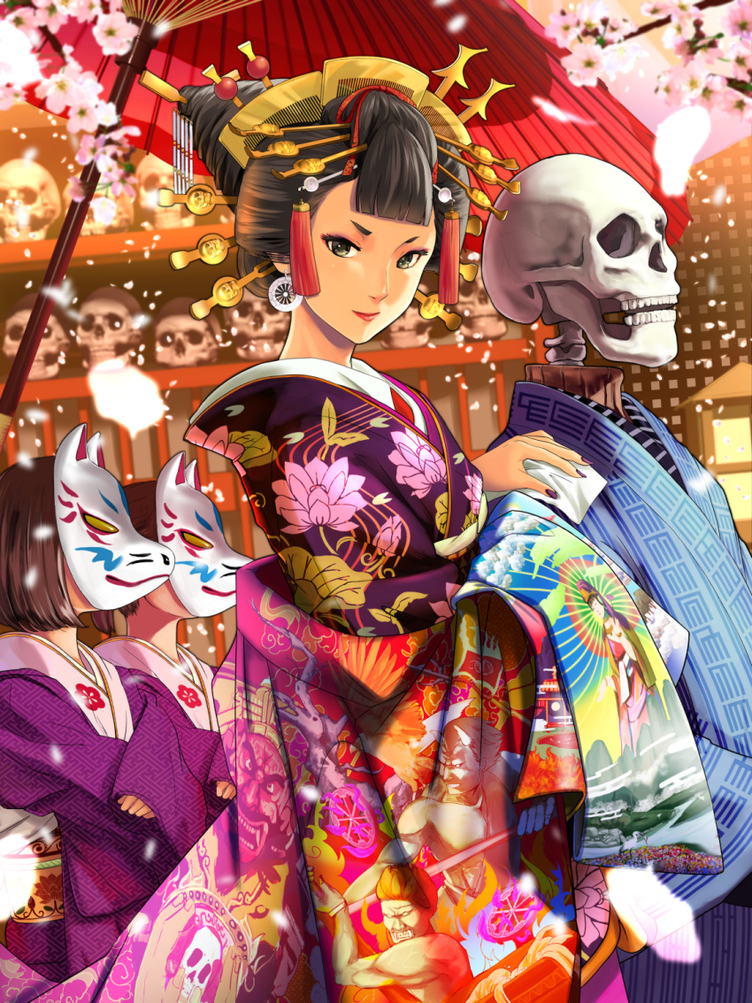 bangs blunt_bangs brown_eyes brown_hair cherry_blossoms closed_mouth commentary_request earrings fingernails floral_print fox_mask from_side hair_ornament hairpin handkerchief haori highres holding japanese_clothes jewelry kimono lipstick long_sleeves looking_at_viewer looking_to_the_side makeup mask multicolored multicolored_clothes multicolored_kimono multiple_girls munakata_(hisahige) nail_polish obi oriental_umbrella petals purple_nails red_lipstick red_umbrella sash shingoku_no_valhalla_gate skeleton skull smile solo_focus standing tassel tree_branch umbrella wide_sleeves yuujo