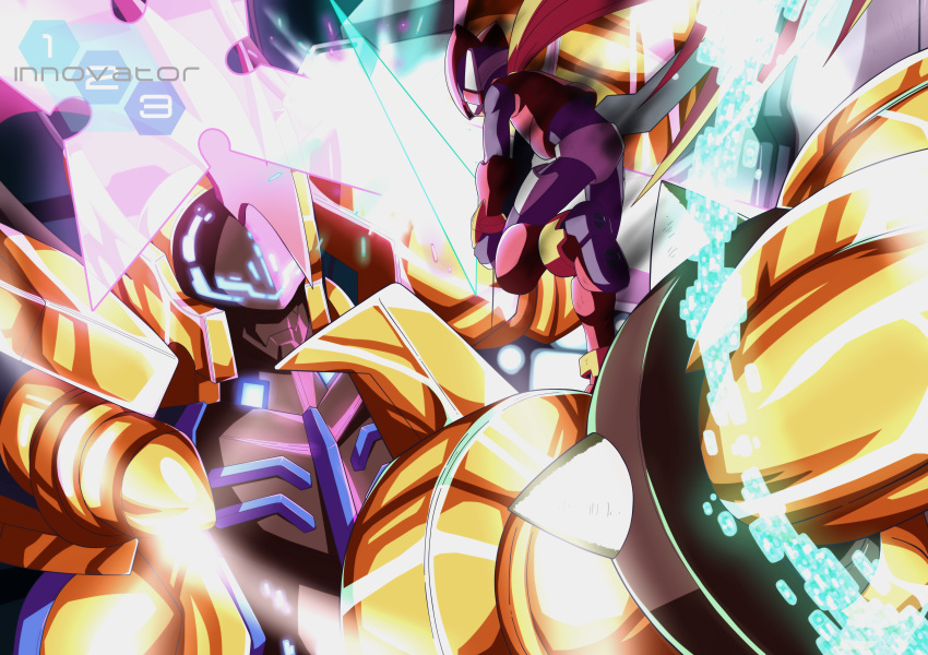 absurdres android armor battle beam_saber blonde_hair bodystocking bodysuit commentary duel energy_blade energy_sword english_commentary gloves glowing gold_armor helmet highres holding innovator123 long_hair multiple_boys omega_(rockman) robot rockman rockman_zero rockman_zero_3 sword weapon zero_(rockman)