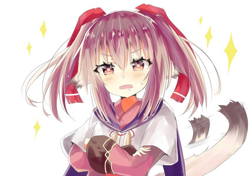 afterimage animal_ear_fluff animal_ears bangs blush brown_hair cape commentary_request crossed_arms drooling eyebrows_visible_through_hair hair_between_eyes hair_ribbon head_tilt highres hizaka long_hair long_sleeves looking_at_viewer nekone_(utawareru_mono) open_mouth purple_cape red_eyes red_ribbon ribbon saliva shirt short_over_long_sleeves short_sleeves sidelocks simple_background solo sparkle sweat tail tail_wagging twintails utawareru_mono utawareru_mono:_itsuwari_no_kamen white_background white_shirt