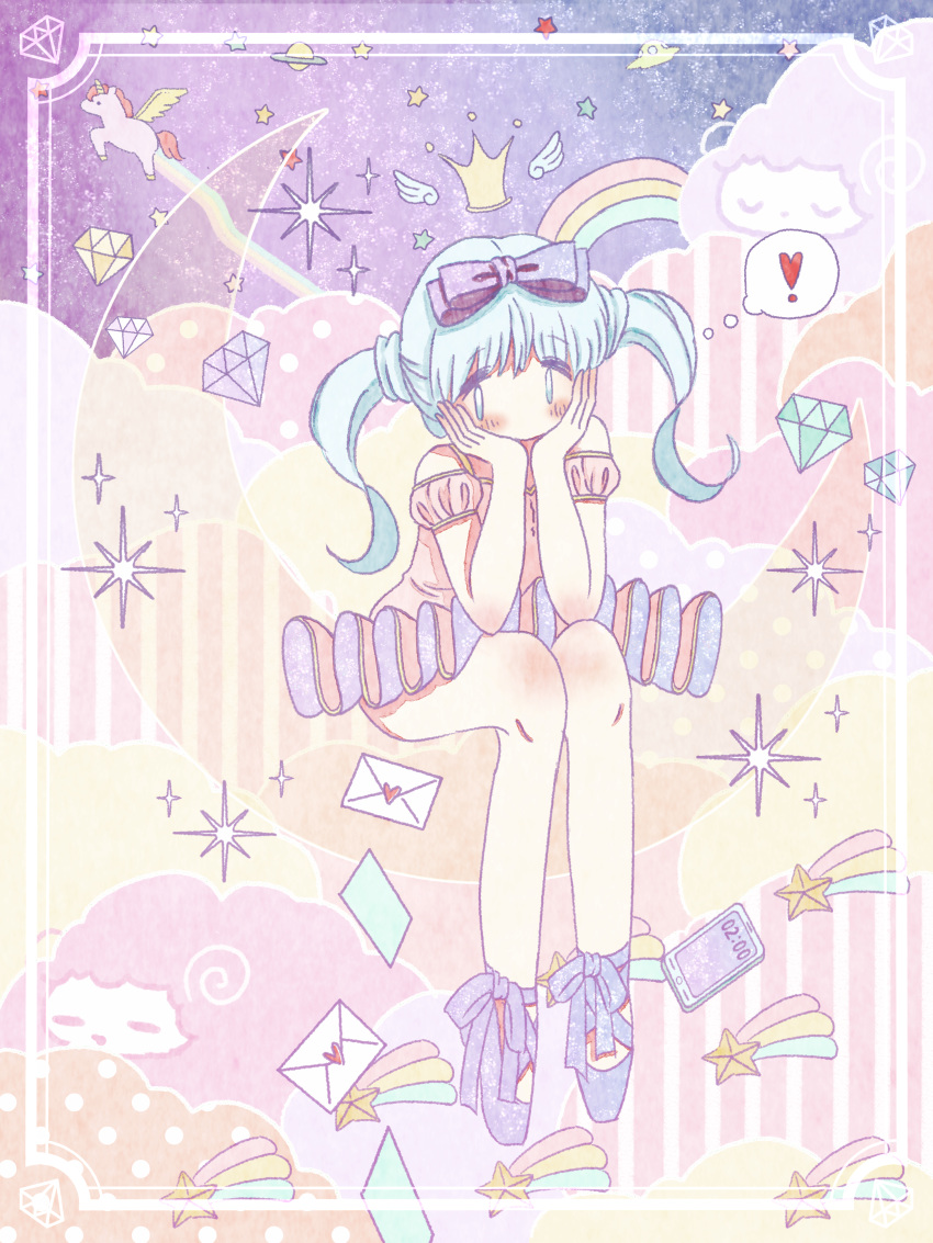 1girl absurdres aqua_eyes aqua_hair bare_legs blush bow clock closed_eyes cloud crown crystal diamond digital_clock envelope eyebrows_visible_through_hair flying_saucer hair_bow head_rest heart highres invisible_chair letter long_hair looking_at_viewer no_mouth no_nose noeru_(noellemonade) original phone plant polka_dot purple_bow purple_footwear rainbow saturn sheep sitting sky solo space_craft sparkle spiral star star_(sky) starry_sky striped thought_bubble time twintails ufo unicorn wings