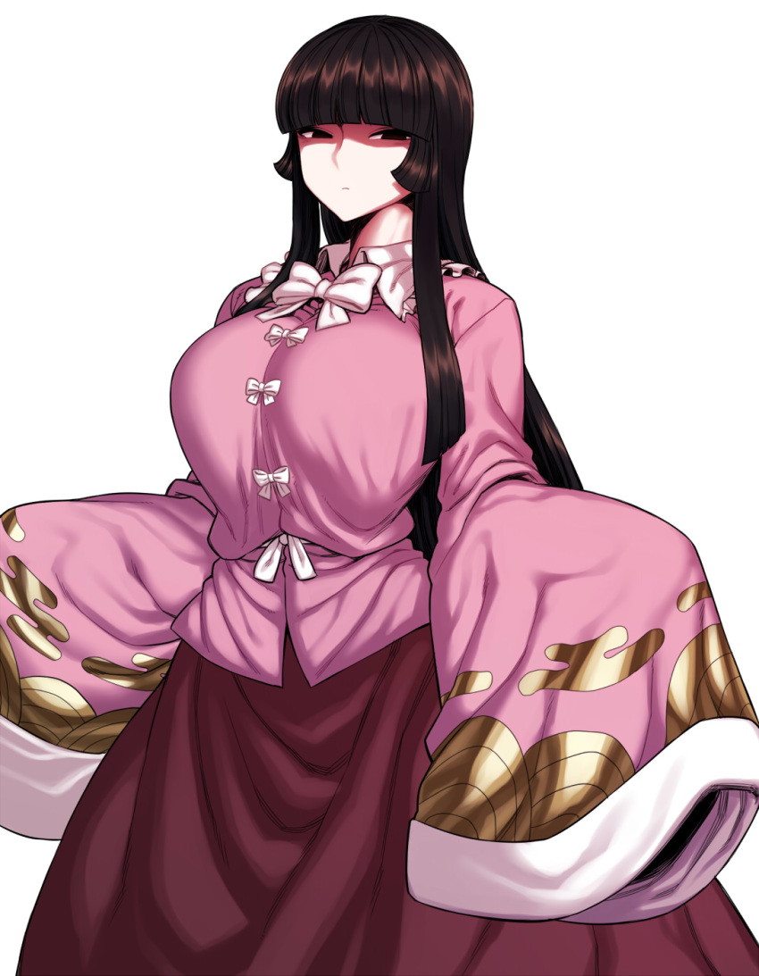 1girl black_eyes black_hair bow breasts highres hime_cut houraisan_kaguya japanese_clothes jitome large_breasts long_hair long_skirt pale_skin pink_shirt purple_skirt shaded_face shirt skirt sleeves_past_wrists solo space_jin touhou very_long_hair white_background wide_sleeves