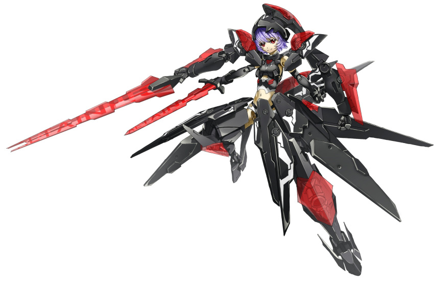 altines blue_eyes breasts busou_shinki doll_joints highres mecha_musume midriff misenouchi navel purple_hair red_eyes short_hair small_breasts smile solo sword weapon white_background