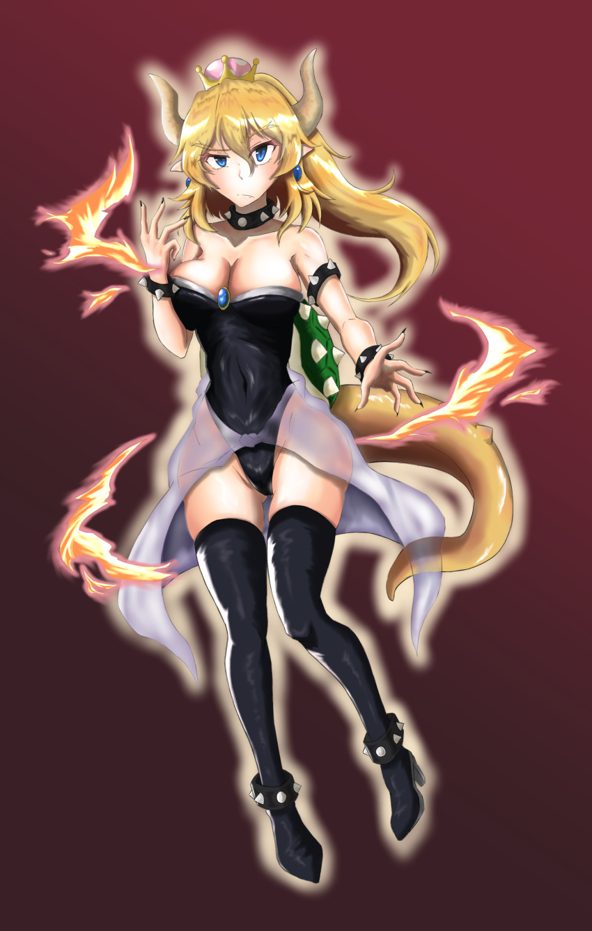 1girl bare_shoulders black_dress black_footwear blonde_hair blue_eyes blush boots bowsette bracelet breasts cleavage collar crown doromini dress earrings fire high_heel_boots high_heels horns jewelry large_breasts looking_at_viewer mario_(series) nail_polish nintendo open_mouth pointy_ears solo spiked_bracelet spiked_collar spikes super_crown thigh_boots thighhighs underwear