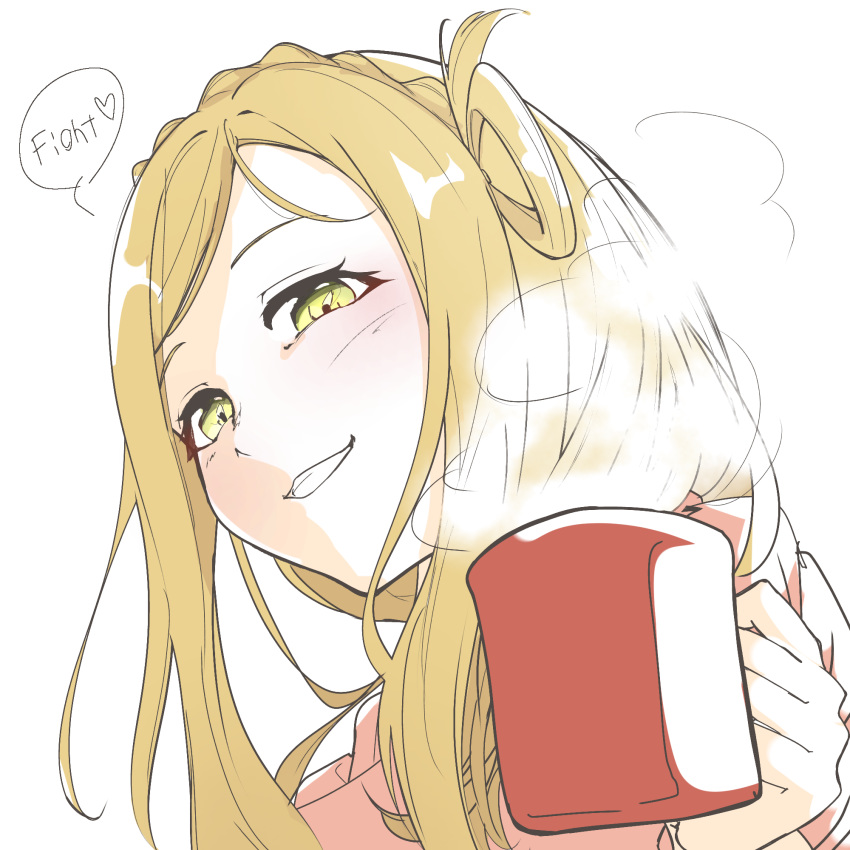 blonde_hair blush coffee_mug cup english from_below green_eyes heart highres komiyama_(user_ycnc3474) looking_at_viewer love_live! love_live!_sunshine!! mug my_mai_tonight ohara_mari sketch smile solo steam white_background