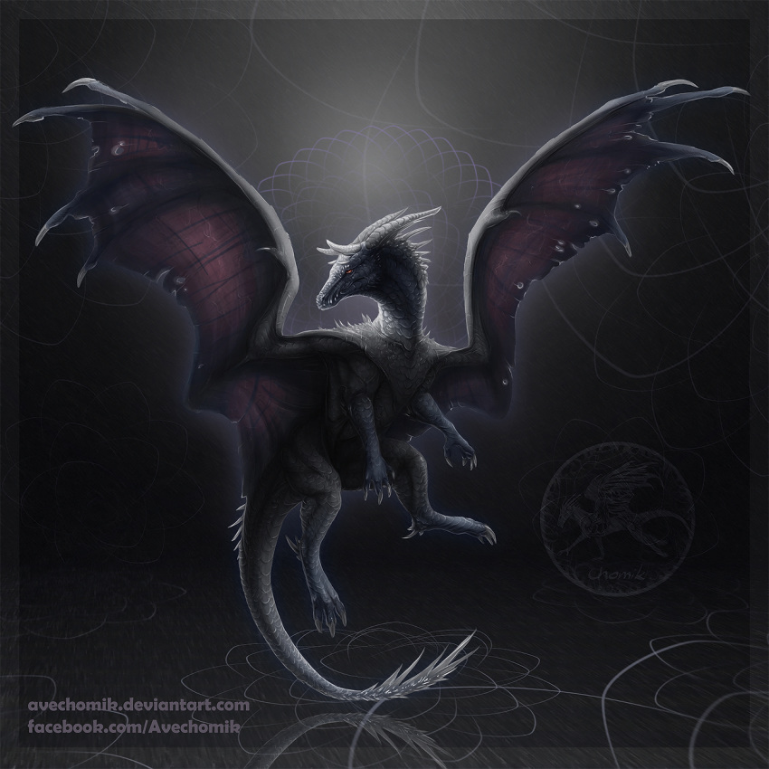 2013 ambiguous_gender averrisvis black_scales claws digital_media_(artwork) dragon feral horn membranous_wings red_eyes scales scalie solo western_dragon wings