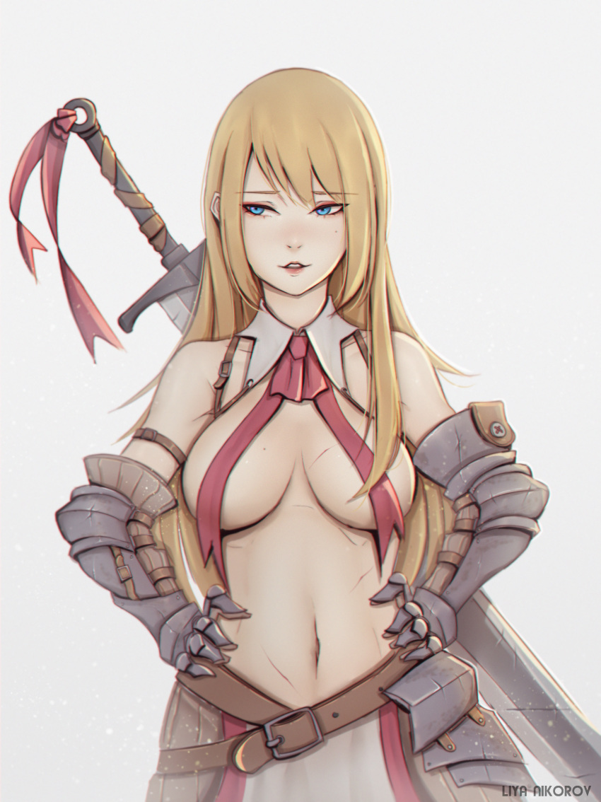 absurdres arm_belt armor artist_name bangs belt blonde_hair blue_eyes breasts breasts_apart commentary cowboy_shot cuts detached_collar detached_sleeves elbow_gloves gauntlets gloves hands_on_hips highres injury knight large_breasts lips liya_nikorov long_hair long_sword looking_to_the_side mole mole_on_breast mole_under_eye navel original parted_lips red_ribbon revealing_clothes ribbed_gloves ribbon scar skirt solo stomach swept_bangs sword sword_behind_back topless weapon