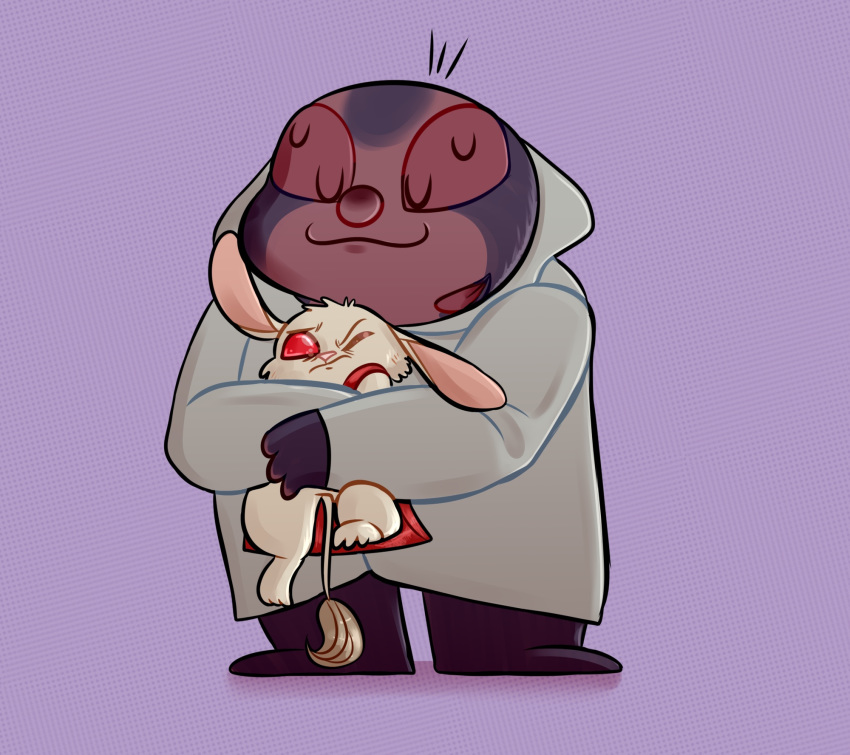 2018 4_eyes alien cape clothed clothing digital_drawing_(artwork) digital_media_(artwork) disney dotted_background dr._h&auml;msterviel duo eyes_closed fur hi_res hug hugging_from_behind jumba_jookiba kweltikwan lab_coat lancesydney lilo_and_stitch multi_eye one_eye_closed pattern_background pink_nose purple_background purple_skin red_eyes simple_background size_difference smile white_fur