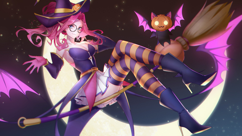 bare_shoulders bat_wings bewitching_janna blue_eyes breasts broom cleavage commentary crescent_moon crossed_legs detached_sleeves doming english_commentary glasses gloves halloween halloween_costume hat high_heels highres hollow_eyes janna_windforce league_of_legends medium_breasts moon night night_sky pleated_skirt pointy_ears pumpkin purple_hair skirt sky smile solo staff star_(sky) striped striped_legwear thighhighs wings witch_hat zettai_ryouiki