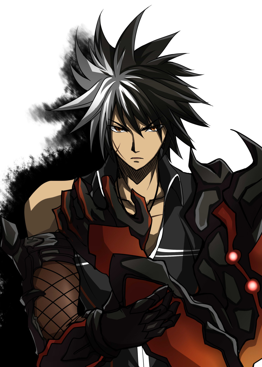 absurdres alice360 armor collarbone elsword eyebrows_visible_through_hair glowing highres mechanical_arm multicolored_hair open_mouth raven_(elsword) reckless_fist_(elsword) scar spiked_hair two-tone_hair