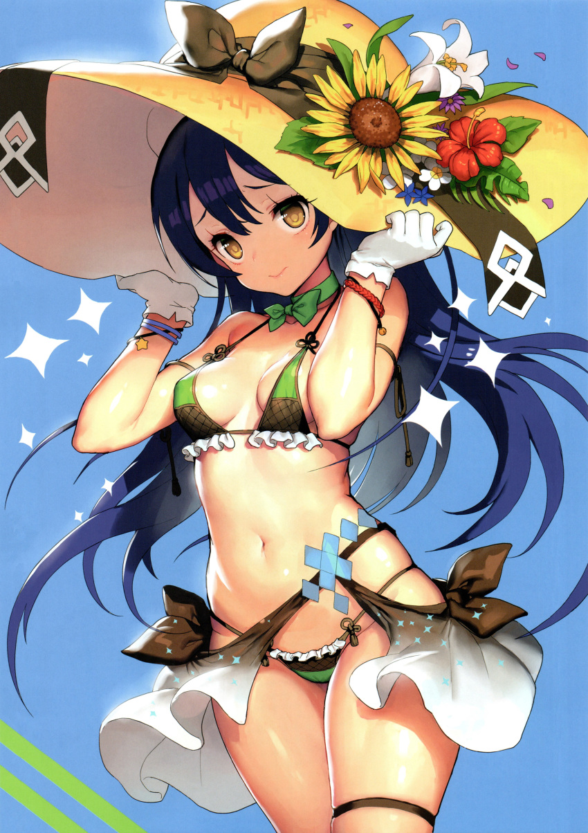 absurdres bangs bikini blue_background blue_hair breasts cowboy_shot eyebrows_visible_through_hair flower frilled_bikini frills gloves hair_between_eyes hands_on_headwear hat hat_flower headgear highres holding long_hair looking_at_viewer love_live! love_live!_school_idol_project medium_breasts navel non-web_source scan simple_background skindentation solo sonoda_umi sun_hat sunflower swimsuit tsliuyixin white_gloves yellow_eyes