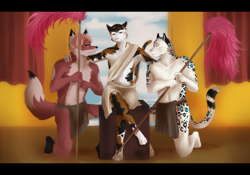 calico_cat cat clothing cloud dagidagi feline group inside leopard loincloth looking_at_viewer male mammal sky snow_leopard unknown_character unknown_species victory_(texdot)