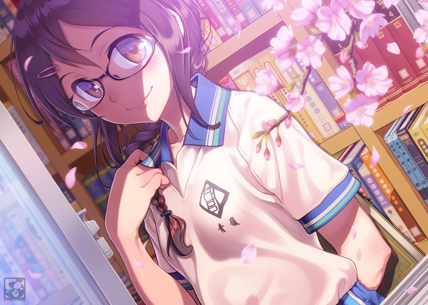 alternate_hairstyle aomine_tomoko arms_behind_back black-framed_eyewear blush book bookshelf braid branch breasts brown_eyes brown_hair closed_mouth collarbone collared_shirt dutch_angle emblem glasses gym_uniform hair_over_shoulder holding holding_book indoors library long_hair looking_at_viewer open_window original pairan petals revision semi-rimless_eyewear shirt short_sleeves single_braid small_breasts smile solo under-rim_eyewear upper_body white_shirt window wing_collar