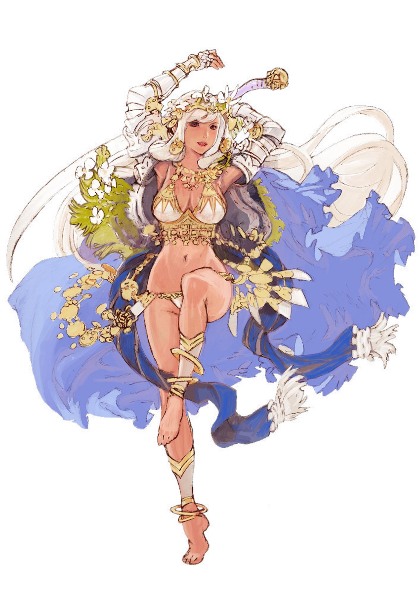 ankle_wrap anklet armor arms_up bangle barefoot bikini_armor bracelet breasts cape cleavage flower full_body gloves hair_flower hair_ornament headpiece highres holding jewelry large_breasts leg_up lips long_hair minaba_hideo navel necklace official_art open_mouth pink_eyes saber_(weapon) sheena_(terra_battle) solo sword terra_battle transparent_background very_long_hair weapon