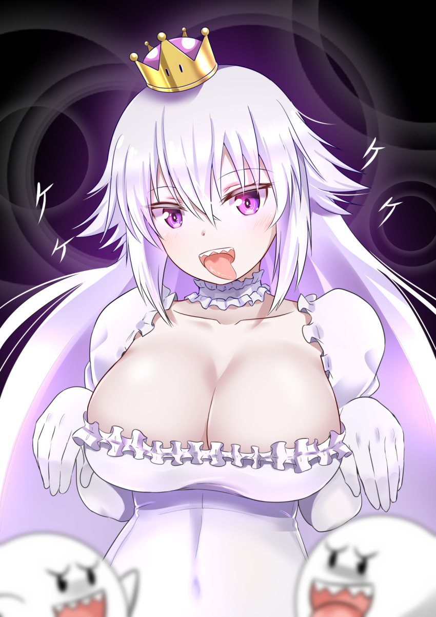 blush boo breasts choker cleavage collarbone crown eyebrows_visible_through_hair ghost_pose gloves highres large_breasts long_hair looking_at_viewer luigi's_mansion mario_(series) mint_(cerbi) new_super_mario_bros._u_deluxe open_mouth pink_eyes princess_king_boo sharp_teeth super_crown teeth tongue tongue_out upper_body white_choker white_gloves white_hair