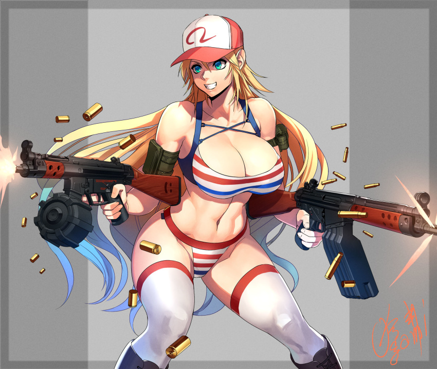 ammunition armlet bare_shoulders bikini blonde_hair blue_eyes boots breasts cleavage clenched_teeth collarbone commentary_request dual_wielding extended_magazine fighting_stance firing gradient_hair grey_background gun hat highres holding holding_gun holding_weapon large_breasts long_hair machine_gun midriff multicolored_hair navel ogami original shell_casing signature smile streaked_hair striped striped_bikini swimsuit teeth thighhighs toned very_long_hair weapon