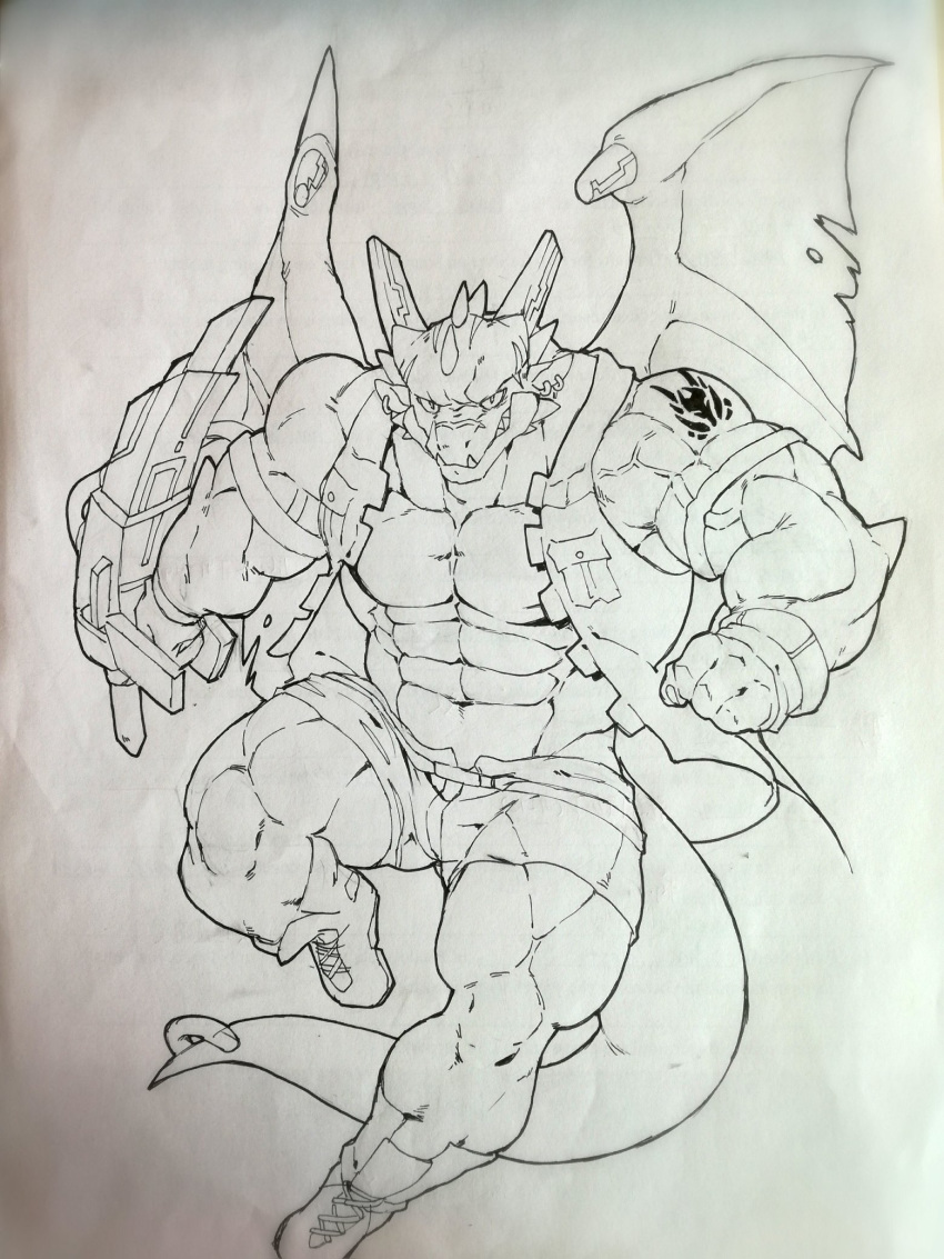 abs anthro biceps big_muscles clothed clothing dragon ear_piercing fangs fist holding_object holding_weapon horn looking_at_viewer low_res male muscular muscular_male open_shirt pecs piercing reptile scalie shirt simple_background sketch solo teeth vein vorusuarts weapon white_background wings