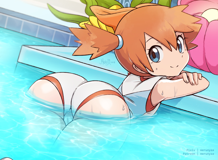 ass bent_over blue_eyes commentary gym_leader highres kasumi_(pokemon) looking_at_viewer merunyaa one-piece_swimsuit partially_submerged pokemon pokemon_(game) pokemon_lgpe ponytail pool short_ponytail smile solo swimsuit water watermark wet white_swimsuit