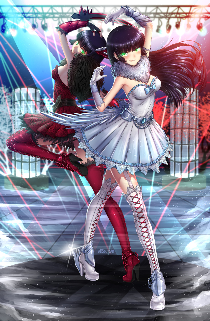 absurdres adsouto black_hair boots breasts dress feathers flower gloves green_eyes hair_flower hair_ornament high_heel_boots high_heels highres long_hair looking_at_viewer melanie_malachite miltiades_malachite multiple_girls red_dress rwby short_hair siblings sisters thighhighs twins weapon white_dress
