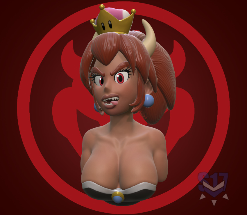 2018 3d_(artwork) big_breasts blonde_hair blue_eyes bowser breasts bust_portrait clothing digital_media_(artwork) dress ear_piercing female hair horn horned_humanoid humanoid mario_bros nintendo not_furry piercing portrait red_background simple_background solo sorok17 super_crown tongue tongue_out video_games