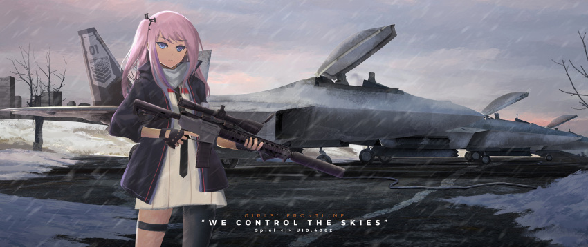 aircraft airplane ar-15 black_gloves blue_eyes closed_mouth copyright_name day english eyebrows_visible_through_hair f-22_raptor fingerless_gloves girls_frontline gloves gun highres holding holding_gun holding_weapon long_hair looking_at_viewer outdoors persocon93 pink_hair rifle side_ponytail snow snowing solo st_ar-15_(girls_frontline) standing tree weapon