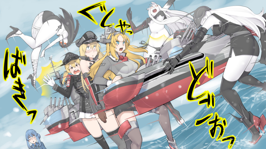 aqua_eyes ass banapon bangs bismarck_(kantai_collection) blonde_hair blue_sky breasts character_request check_commentary closed_eyes cloud cloudy_sky commentary_request day dutch_angle european_water_hime flower gloves gotland_(kantai_collection) hair_spread_out hat headgear horizon kantai_collection large_breasts long_hair long_sleeves military military_uniform motion_blur multiple_girls navel nelson_(kantai_collection) open_mouth outdoors pantyhose partial_commentary peaked_cap prinz_eugen_(kantai_collection) red_flower red_rose rose rudder_shoes shinkaisei-kan sky sound_effects standing standing_on_liquid thighhighs translation_request twintails uniform v-shaped_eyebrows very_long_hair waves white_gloves white_skin