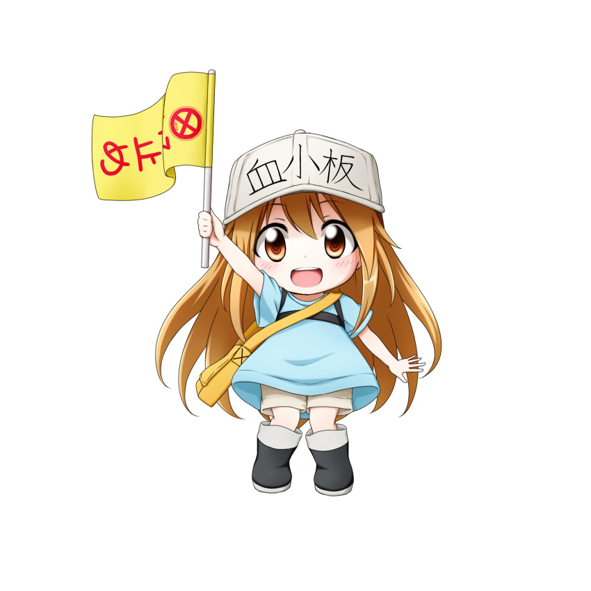 :d arm_up bag bangs black_footwear blue_shirt blush boots brown_eyes brown_shorts character_name chibi clothes_writing eyebrows_visible_through_hair flag flat_cap grey_hat hair_between_eyes hat hataraku_saibou highres holding holding_flag knee_boots kuena light_brown_hair long_hair open_mouth platelet_(hataraku_saibou) round_teeth shirt short_shorts short_sleeves shorts shoulder_bag simple_background smile solo standing teeth upper_teeth very_long_hair white_background