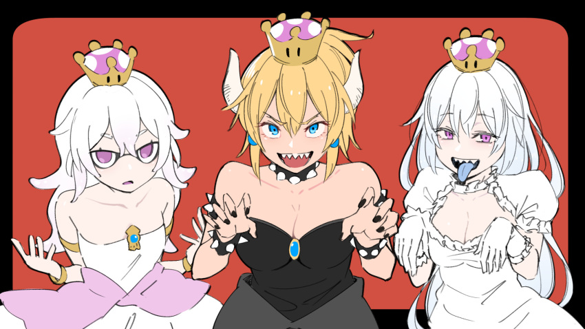 bangle bare_shoulders black_dress black_nails blooper blue_earrings bowsette bracelet breasts brooch choker claw_pose cleavage collar commentary_request dress elbow_gloves expressionless eyebrows_visible_through_hair ghost_pose gloves hair_between_eyes half-closed_eyes highres horns jewelry kemuri_haku large_breasts lavender_tongue light_blue_eyes long_hair looking_at_viewer luigi's_mansion mario_(series) medium_breasts multiple_girls nail_polish new_super_mario_bros._u_deluxe pink_eyes ponytail princess_king_boo puffy_short_sleeves puffy_sleeves purple_eyes sharp_teeth shiny shiny_hair shiny_skin short_hair short_sleeves sidelocks silver_hair small_breasts smile spiked_bracelet spiked_collar spikes strapless strapless_dress super_crown tareme teeth tongue tongue_out tsurime very_long_hair white_choker white_dress white_gloves