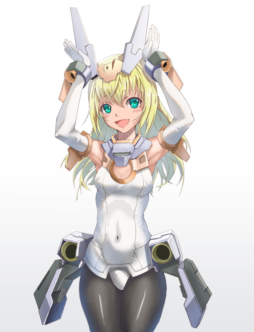 animal_print armpits arms_up baselard blonde_hair blue_eyes bodysuit breasts bunny_pose butterfly_print character_name cleavage covered_navel frame_arms_girl highres long_hair mecha_musume medium_breasts misenouchi pantyhose smile solo white_background