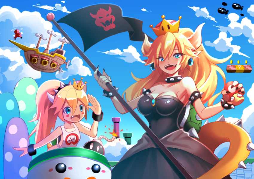 aircraft airship black_dress blonde_hair blue_eyes blue_sky bob-omb bowsette bowsette_jr. bracelet breasts brooch bullet_bill choker cleavage commentary crown day dress earrings eyebrows_visible_through_hair fang fangs highres horns jewelry koopa_clown_car looking_at_viewer mario mario_(series) mother_and_daughter mushroom new_super_mario_bros._u_deluxe open_mouth pixitales pointy_ears ponytail sky smile spiked_armlet spiked_bracelet spiked_choker spikes strapless strapless_dress super_crown super_mario_bros. warp_pipe