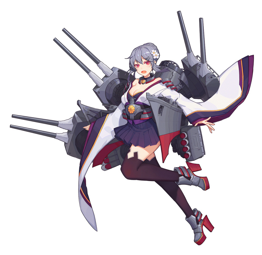 1girl bare_shoulders cannon full_body furutaka_(cruiser) grey_hair hair_bun hair_ornament hairclip high-waist_skirt high_heels machinery mecha_musume open_mouth original personification pleated_skirt red_eyes rudder_footwear simple_background skirt smokestack solo thighhighs torpedo_launcher torpedo_tubes turret white_background wide_sleeves youxuemingdie