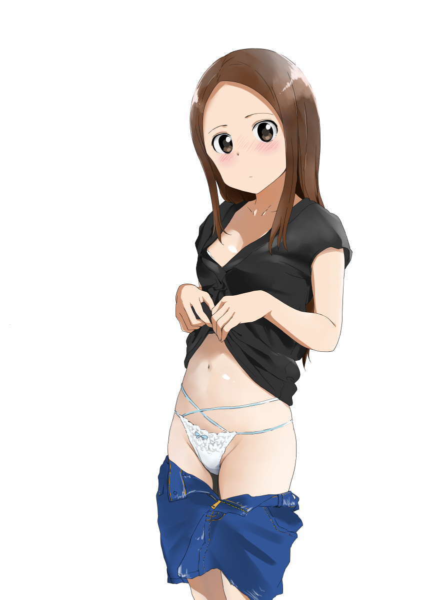 absurdres black_shirt blue_bow blush bow bow_panties breasts brown_eyes brown_hair closed_mouth commentary_request denim denim_skirt forehead highres karakai_jouzu_no_takagi-san legs_together long_hair looking_at_viewer midriff navel open_fly panties shiny shiny_skin shirt shirt_lift short_sleeves simple_background skirt skirt_pull small_breasts solo standing takagi-san tonotyama underwear white_background white_panties zipper