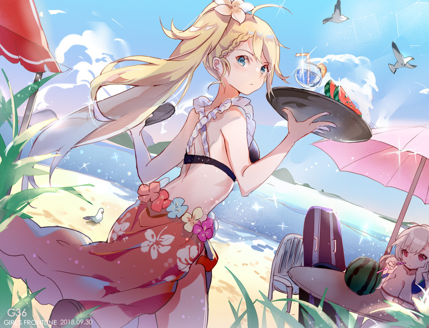 ahoge alternate_costume alternate_hairstyle back bangs bare_shoulders beach bikini bird blonde_hair blue_eyes blue_sky blush bodyboard braid breast_rest breasts bxr chair character_name cleavage closed_mouth cloud collarbone commentary_request cup dated day drinking_straw floating_hair flower food french_braid frills fruit g36_(girls_frontline) girls_frontline gradient_hair hair_between_eyes hair_flower hair_ornament head_rest holding holding_tray large_breasts lemon lemon_slice long_hair looking_at_viewer maid_bikini medium_breasts multicolored_hair multiple_girls ocean outdoors ponytail red_eyes sand sarong seagull sidelocks silver_hair sky sparkle spas-12_(girls_frontline) swimsuit table thighs tray tropical_drink twintails umbrella very_long_hair water watermelon