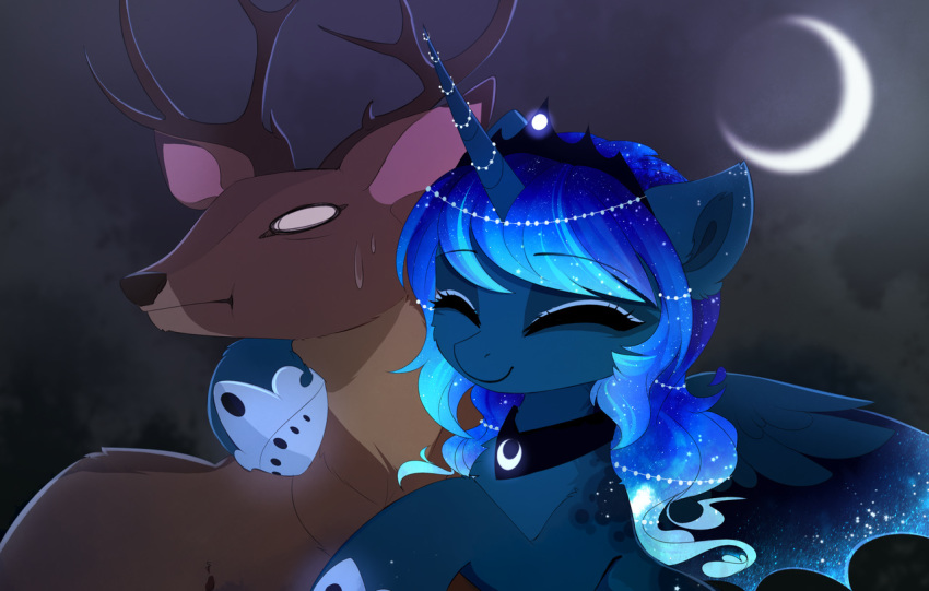 2018 brown_fur cosmic_hair digital_media_(artwork) duo equine eyelashes eyes_closed feathered_wings feathers female feral friendship_is_magic fur horn magnaluna male mammal moon my_little_pony night outside princess_luna_(mlp) smile winged_unicorn wings