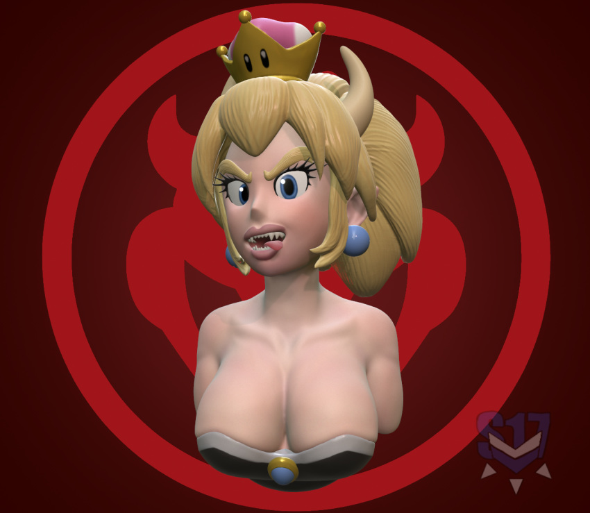 2018 3d_(artwork) big_breasts blonde_hair blue_eyes bowser breasts bust_portrait clothing digital_media_(artwork) dress ear_piercing female hair horn horned_humanoid humanoid mario_bros nintendo not_furry piercing portrait red_background simple_background solo sorok17 super_crown tongue tongue_out video_games