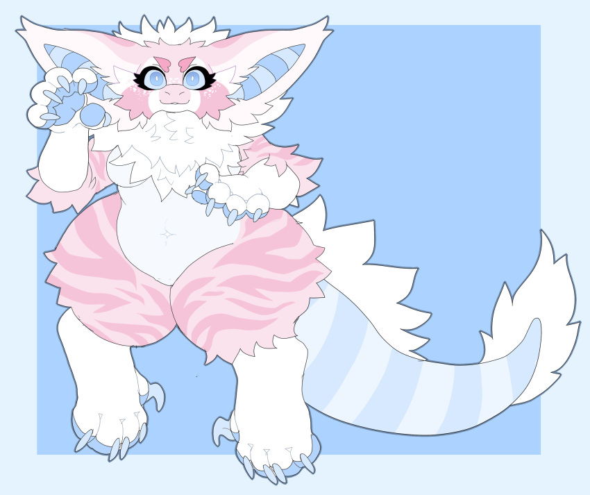 2018 anthro blue_background blue_eyes blue_fur blue_stripes breasts cake_(honey-beest) cheek_tuft claws dragon ear_tuft eyelashes female fluffy fur furred_dragon honey-beest looking_at_viewer markings navel neck_tuft non-mammal_breasts nude pawpads paws pink_fur pink_stripes pose simple_background slightly_chubby smile solo standing striped_tail stripes tail_tuft thick_thighs toe_claws tuft white_fur