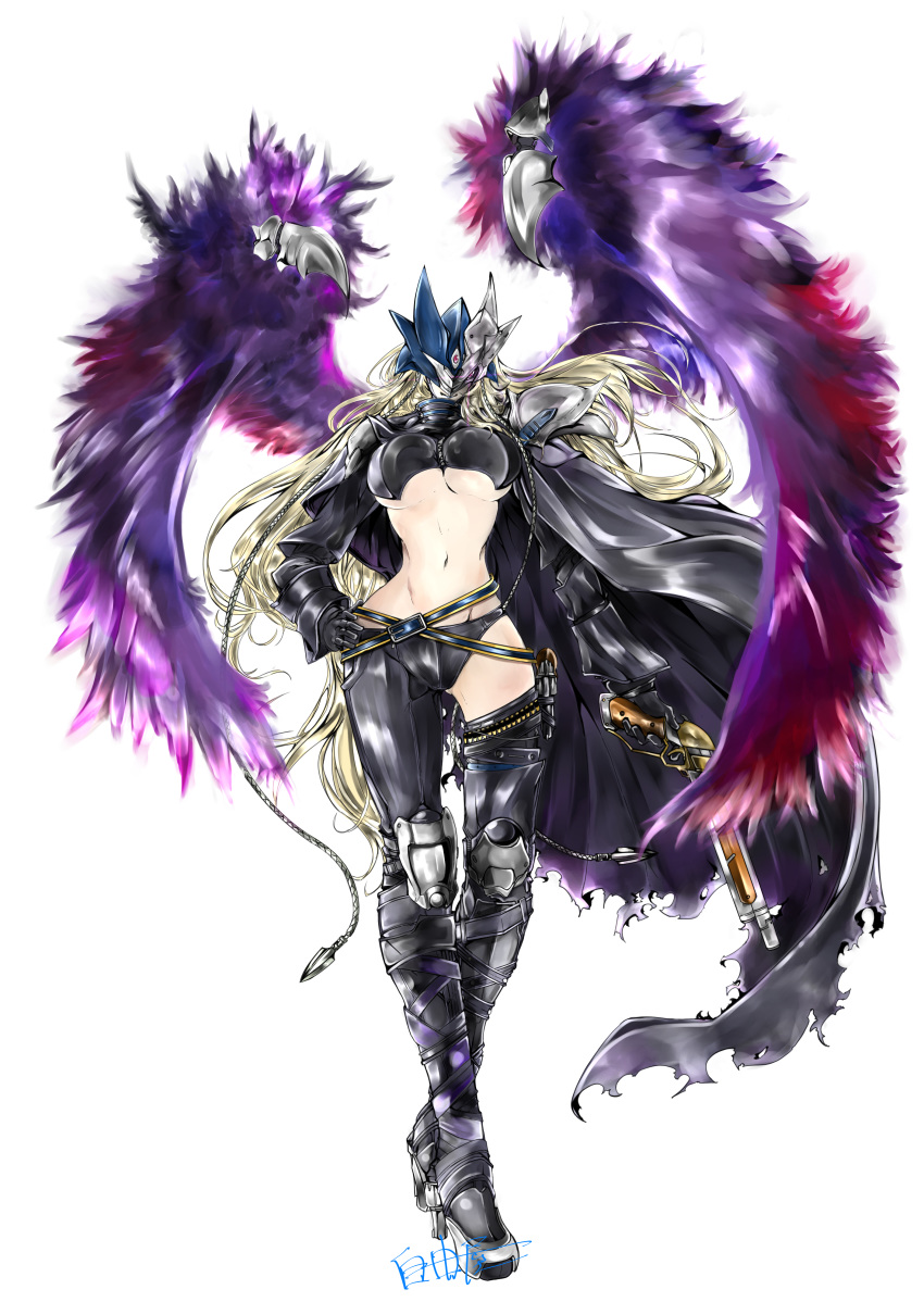 1girl artist_request bandai beelstarmon beelstarmon_x blonde_hair breasts curvy digimon female full_body helmet holding holding_weapon large_breasts long_hair looking_at_viewer no_bra shiny simple_background smile solo underboob weapon white_background wings