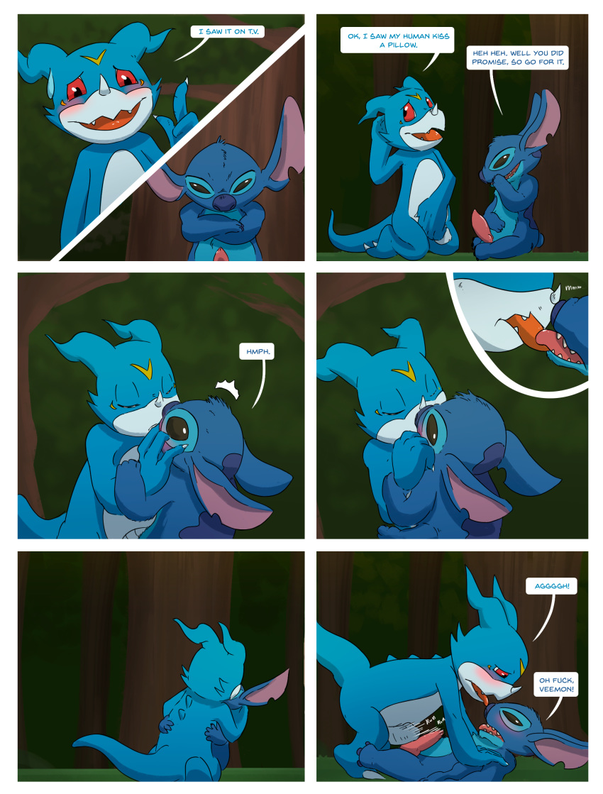 absurd_res alien anthro anthro_on_anthro comic crossover digimon digimon_(species) disney duo erection experiment_626 french_kissing frottage hi_res interspecies kissing lilo_and_stitch male male/male oriont scalie semi-anthro sex stitch vee_stitch veemon