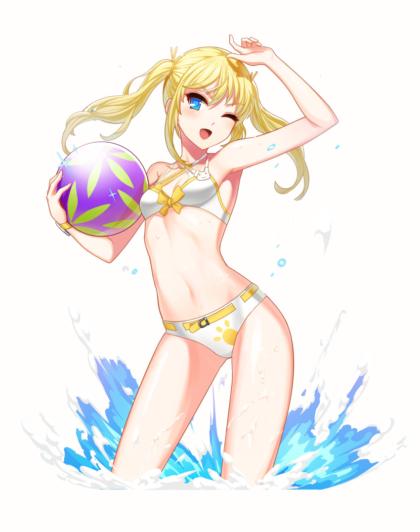 ;d absurdres arm_up armpits ball beachball belt bikini blonde_hair blue_eyes bracelet breasts cleavage closers eyebrows_visible_through_hair floating_hair hair_between_eyes highres holding holding_ball jewelry long_hair navel official_art one_eye_closed open_mouth simple_background small_breasts smile solo swimsuit twintails white_background white_bikini