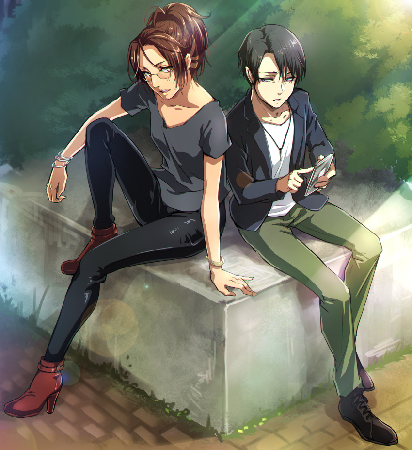 1girl arm_support black_footwear black_hair black_jacket black_pants boots bracelet brown_eyes brown_hair collarbone contemporary day full_body glasses green_pants grey_shirt hange_zoe high_ponytail highres holding jacket jewelry lens_flare levi_(shingeki_no_kyojin) necklace null_(chronix) open_clothes open_jacket outdoors pants parted_lips red_footwear shingeki_no_kyojin shiny shiny_clothes shirt short_hair short_sleeves sitting sunlight white_shirt