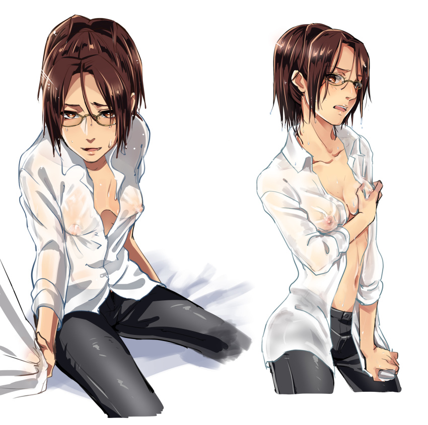 black_pants breasts brown_eyes brown_hair cleavage covered_nipples dress_shirt glasses hange_zoe highres looking_at_viewer navel nipples null_(chronix) open_clothes open_mouth open_shirt pants see-through shingeki_no_kyojin shirt short_hair simple_background sitting small_breasts solo wet wet_clothes wet_shirt white_background white_shirt