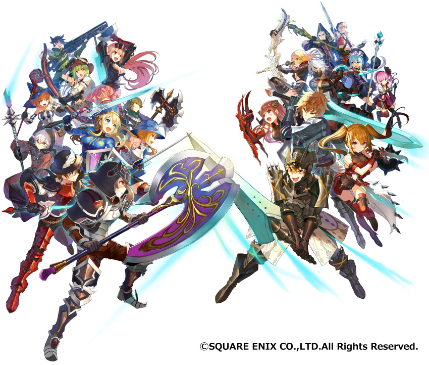 6+girls :d absurdres armor axe black_hat blonde_hair blue_eyes blue_hair blue_hat bodysuit boots bow bow_(weapon) brown_hair claw_(weapon) crystal everyone fantasy_earth_genesis green_hair gun hat helmet highres holding holding_bow_(weapon) holding_sword holding_weapon long_hair mask matsui_hiroaki metal_boots multiple_boys multiple_girls official_art open_mouth orange_hair pink_hair polearm silver_hair skirt smile spear standing sword thighhighs twintails two-handed watermark weapon