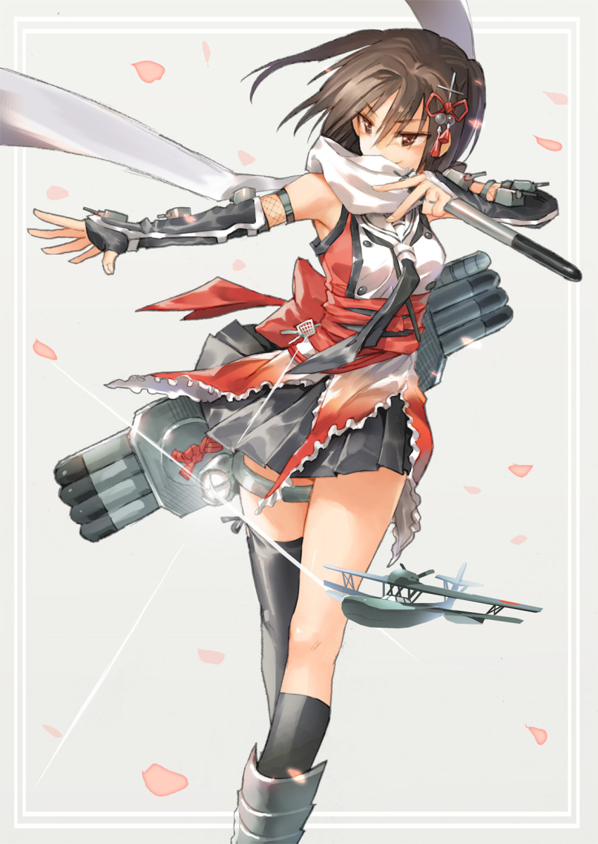 aircraft airplane bare_shoulders black_hair black_legwear black_neckwear black_skirt brown_eyes brown_hair cherry_blossoms commentary double-breasted elbow_gloves fingerless_gloves fishnets flying_boat gloves hair_ornament highres jewelry kantai_collection kneehighs neckerchief ring scarf seaplane searchlight sendai_(kantai_collection) short_hair single_kneehigh single_thighhigh skirt smile solo thighhighs torpedo torpedo_launcher torpedo_tubes tugo two_side_up wedding_band white_scarf wind