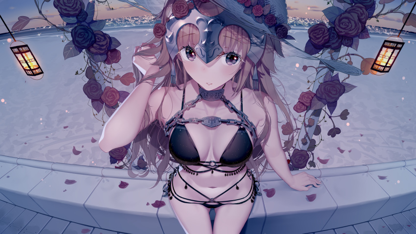 absurdres arm_support ass_visible_through_thighs atha_(leejuiping) bare_arms bare_shoulders bikini black_bikini blush breasts chain cloud collarbone commentary fate/grand_order fate_(series) flower hair_flower hair_ornament hat hat_flower headpiece highres jeanne_d'arc_(fate) jeanne_d'arc_(fate)_(all) lantern large_breasts long_hair looking_at_viewer o-ring o-ring_bikini o-ring_bottom o-ring_top outdoors parted_lips petals purple_eyes red_flower red_rose revision rose rose_petals sitting sky smile solo straw_hat sunset swimsuit very_long_hair white_hat