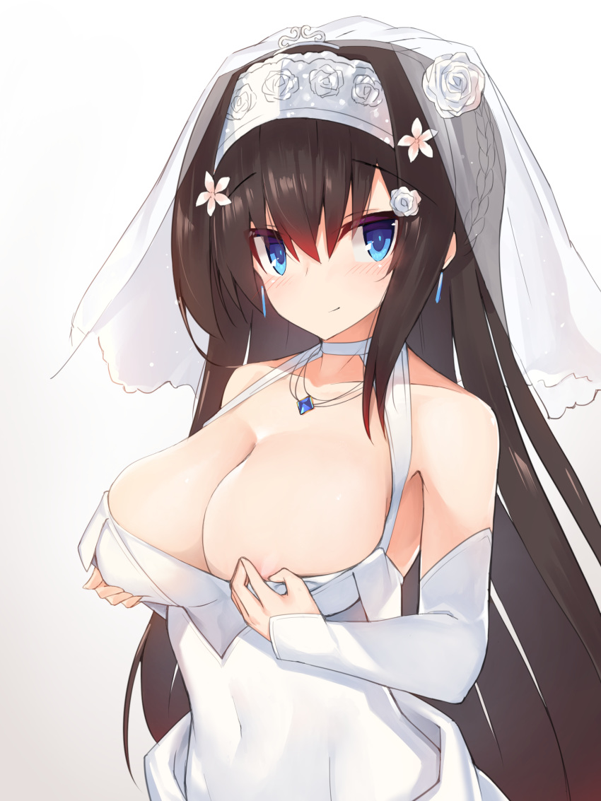 absurdres arm_warmers blue_eyes blush braid breasts brown_hair cleavage covered_navel dress eyebrows_visible_through_hair flower hair_flower hair_ornament highres jewelry large_breasts long_hair looking_at_viewer necklace rinne_(sennen_sensou_aigis) see-through sennen_sensou_aigis standing veil very_long_hair white_background white_dress yki