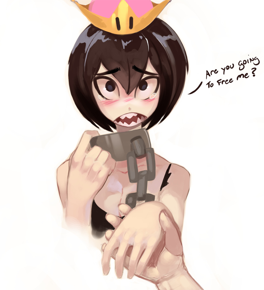 1girl bangs black_eyes black_hair blush bob_cut breasts chain chained cleavage collar collar_tug collarbone commentary couple cropped_torso crown d: english english_commentary furrowed_eyebrows hair_between_eyes hands hetero highres leash looking_at_viewer mario_(series) metal_collar new_super_mario_bros._u_deluxe nose_blush open_mouth parted_bangs personification pov pov_hands princess princess_chain_chomp sharp_teeth shnider short_hair simple_background solo_focus super_crown tears teeth upper_body very_short_hair white_background |_|