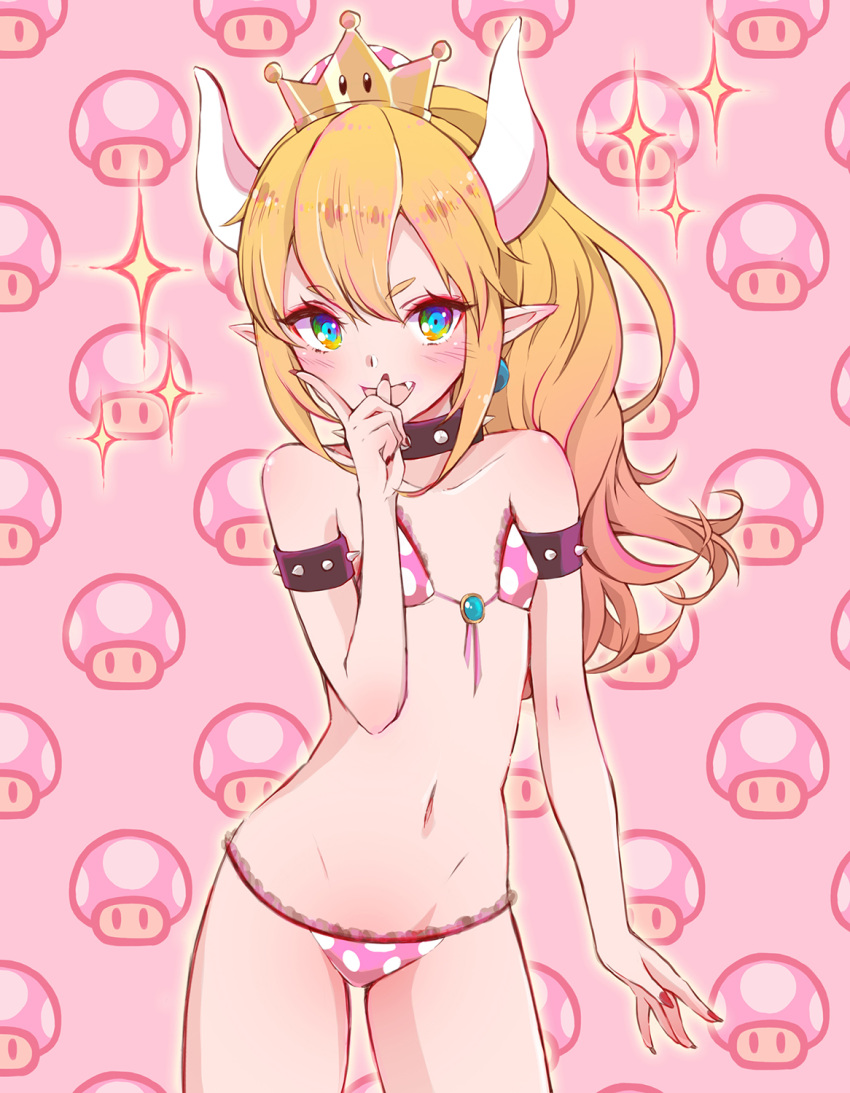 :d bare_shoulders bikini black_collar blonde_hair blue_eyes blush bowsette collar collarbone commentary_request cowboy_shot crown earrings fang fingernails high_ponytail highres horns jewelry long_hair looking_at_viewer mario_(series) mini_crown mushroom nail_polish navel new_super_mario_bros._u_deluxe open_mouth pink_background pink_bikini pointy_ears polka_dot polka_dot_bikini ponytail red_nails sidelocks smile solo sparkle spiked_armlet spiked_collar spikes super_crown super_mushroom swimsuit xenxen younger